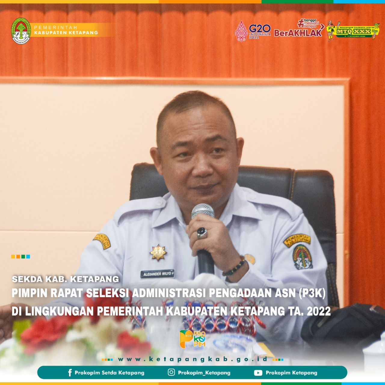 Sekda Ketapang Alexsnder Wilyo saat memimpin langsung Rapat Seleksi Administrasi Aparatur Sipil Negara PPPK di lingkungan Pemerintah Kabupaten Ketapang tahun 2022, pada Rabu (09/11/2022) bertempat di Ruang Rapat Bupati Ketapang.