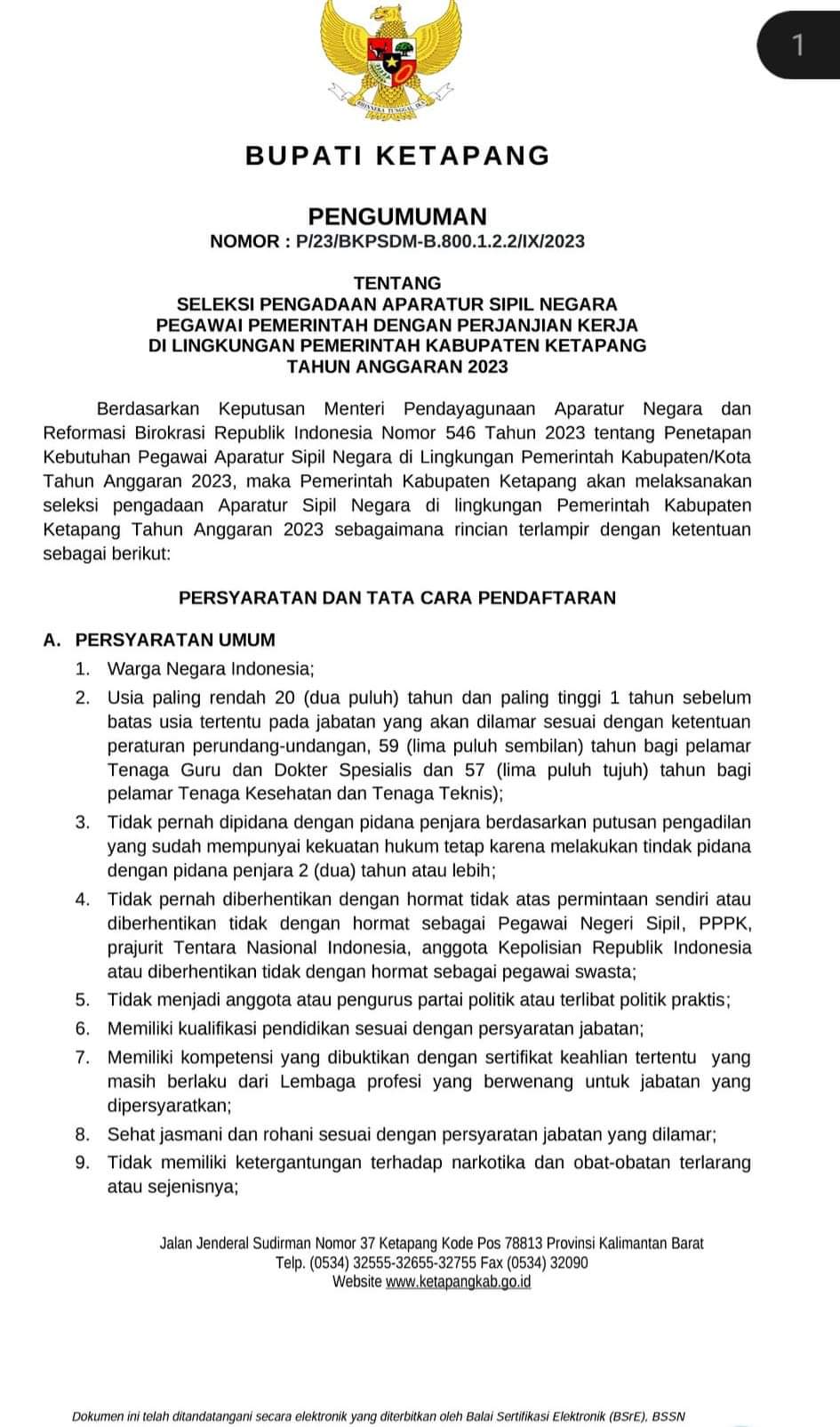 Gambar Penguman Bupati Ketapang Nomor : P/23/BKPSDM-B.800.1.2.2/IX/2023. (IS) 